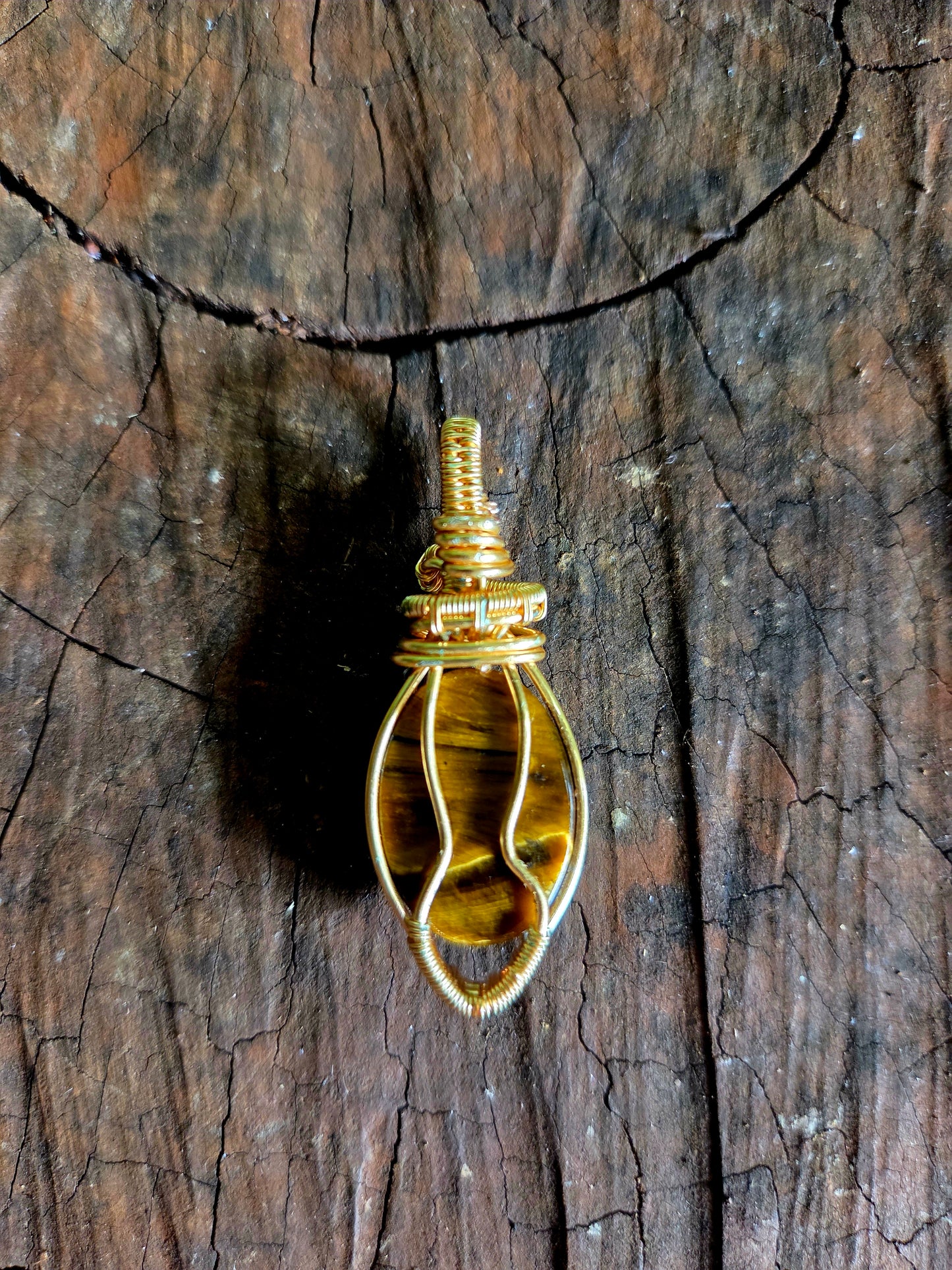 Tigers Eye Gold Copper Wire Wrap Pendant Necklace