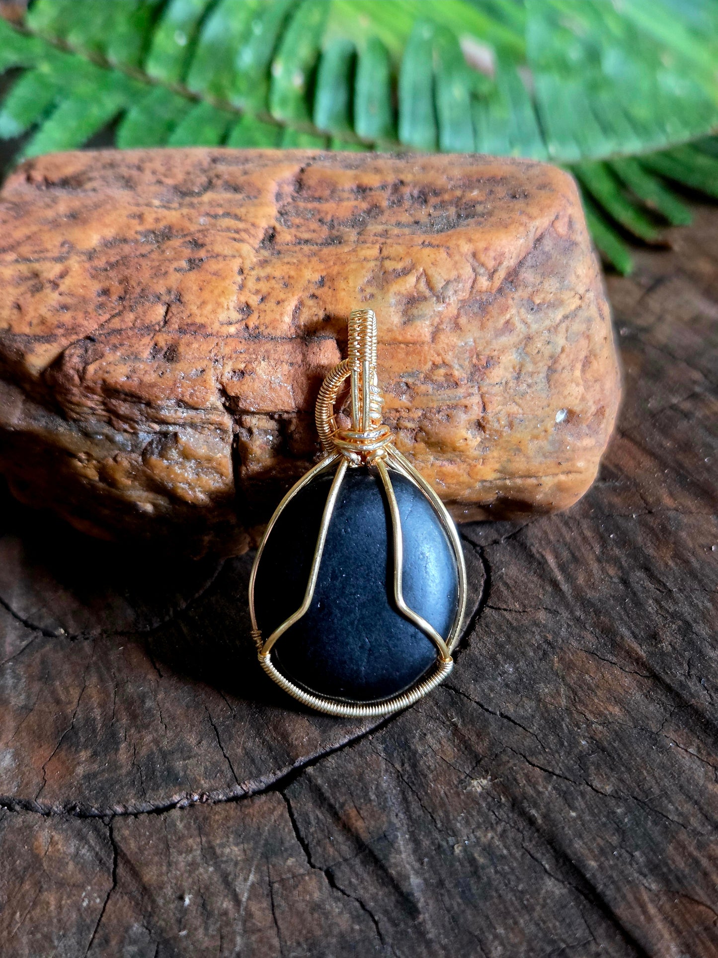 Shungite Copper Wire Wrap Pendant Necklace Gold