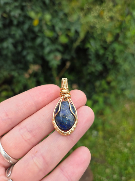 Lapis Lazuli Gold Copper Wire Wrapped Handmade Pendant