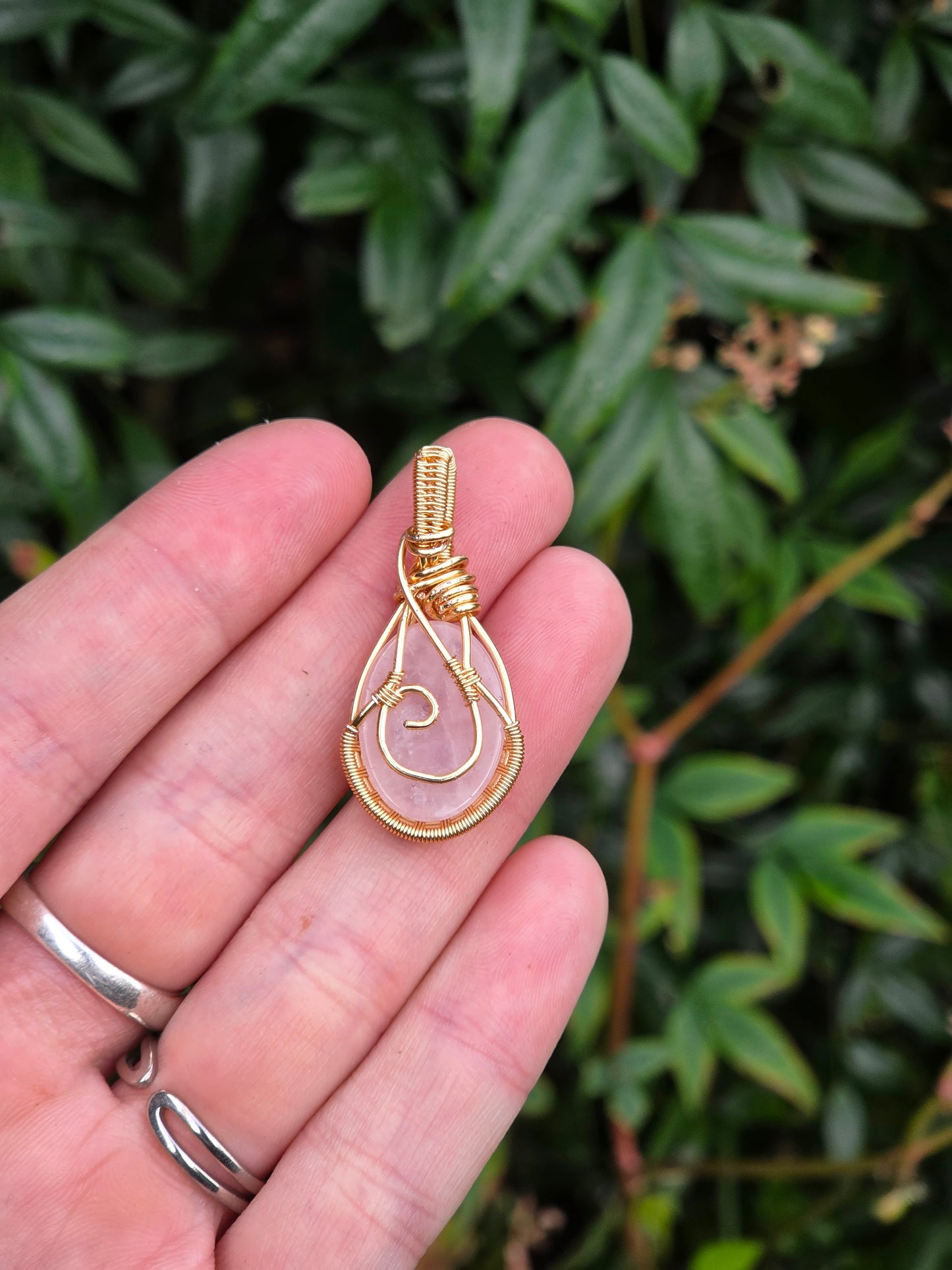 Rose Quartz Gold Copper Wire Wrapped Handmade Pendant
