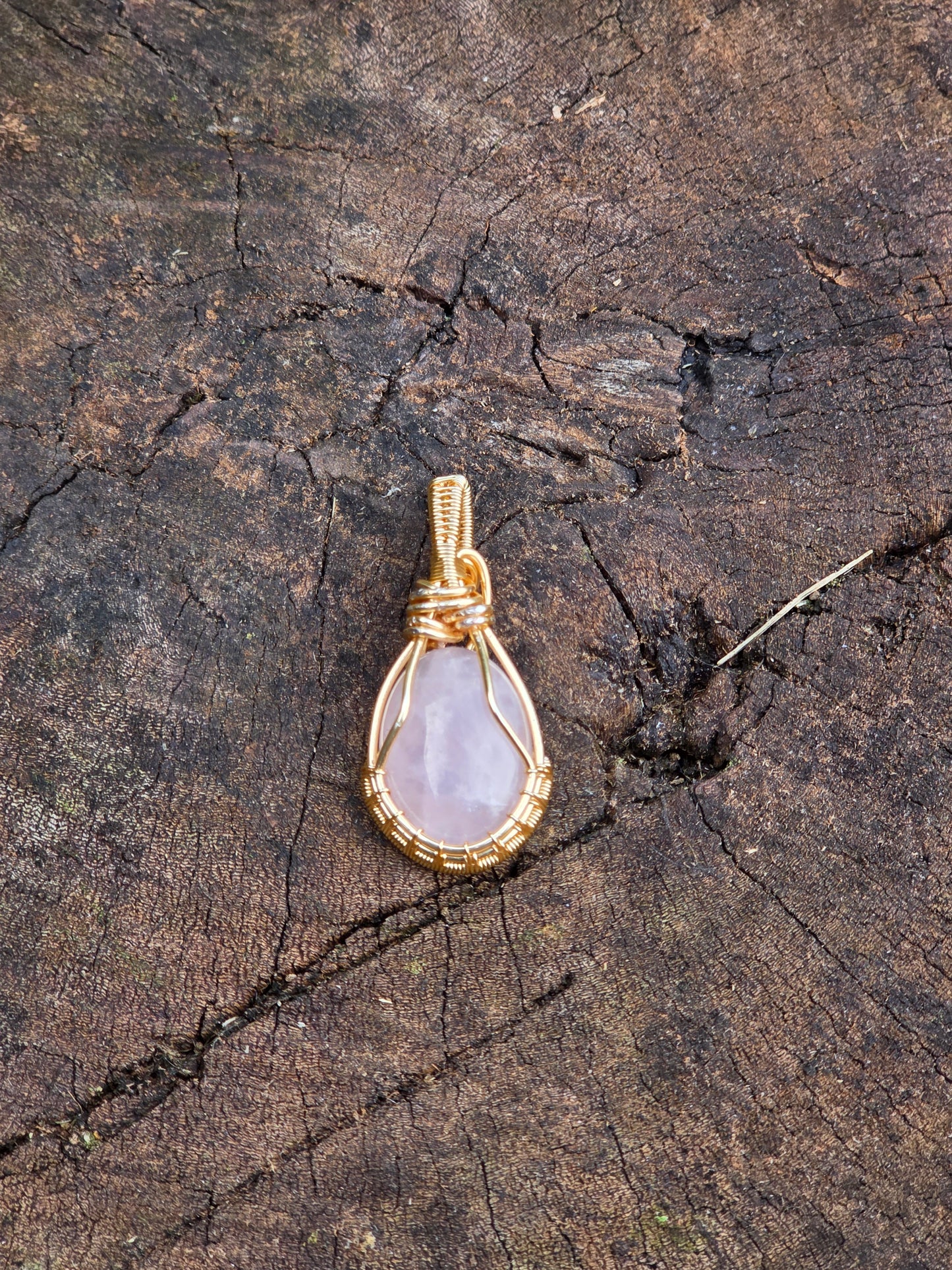 Rose Quartz Gold Copper Wire Wrapped Handmade Pendant