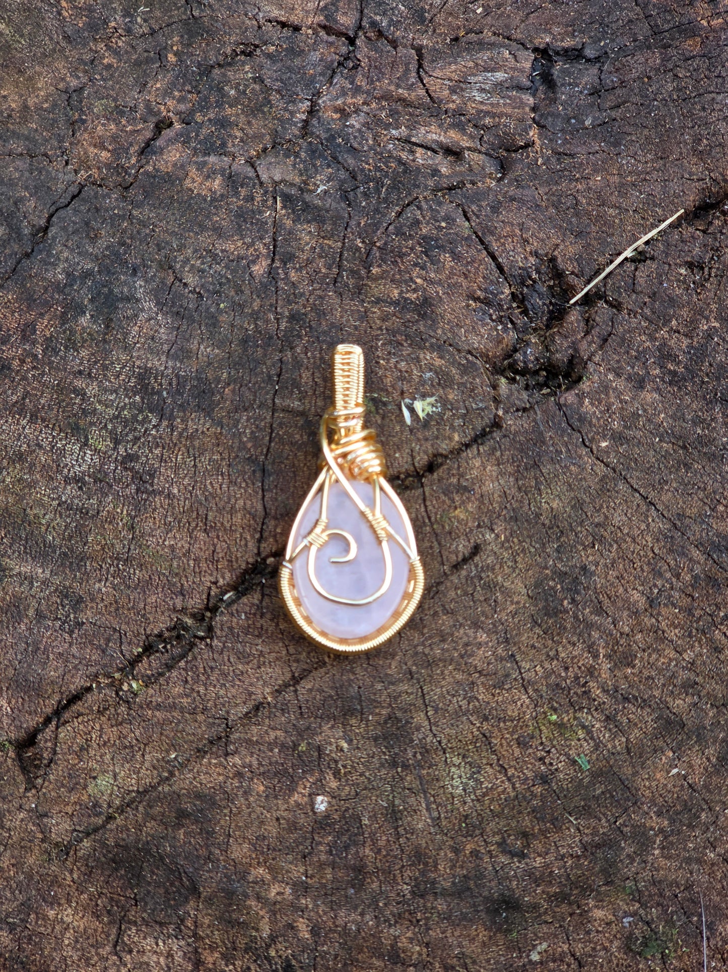 Rose Quartz Gold Copper Wire Wrapped Handmade Pendant