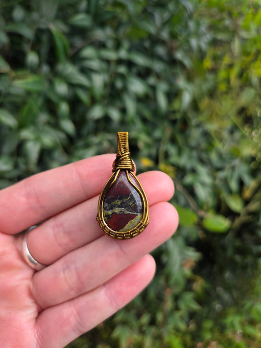 Dragon Blood Jasper Bronze Copper Wire Wrapped Handmade Pendant