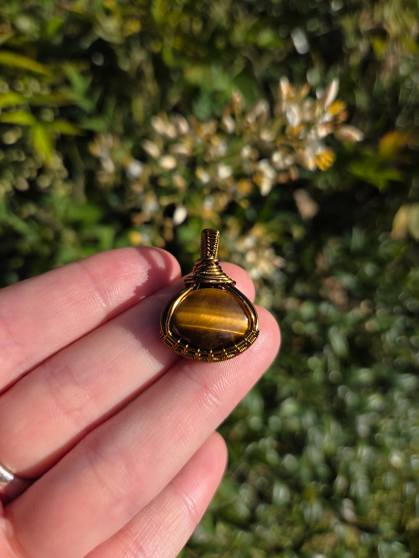 Tigers Eye Bronze Copper Wire Wrapped Pendant Necklace