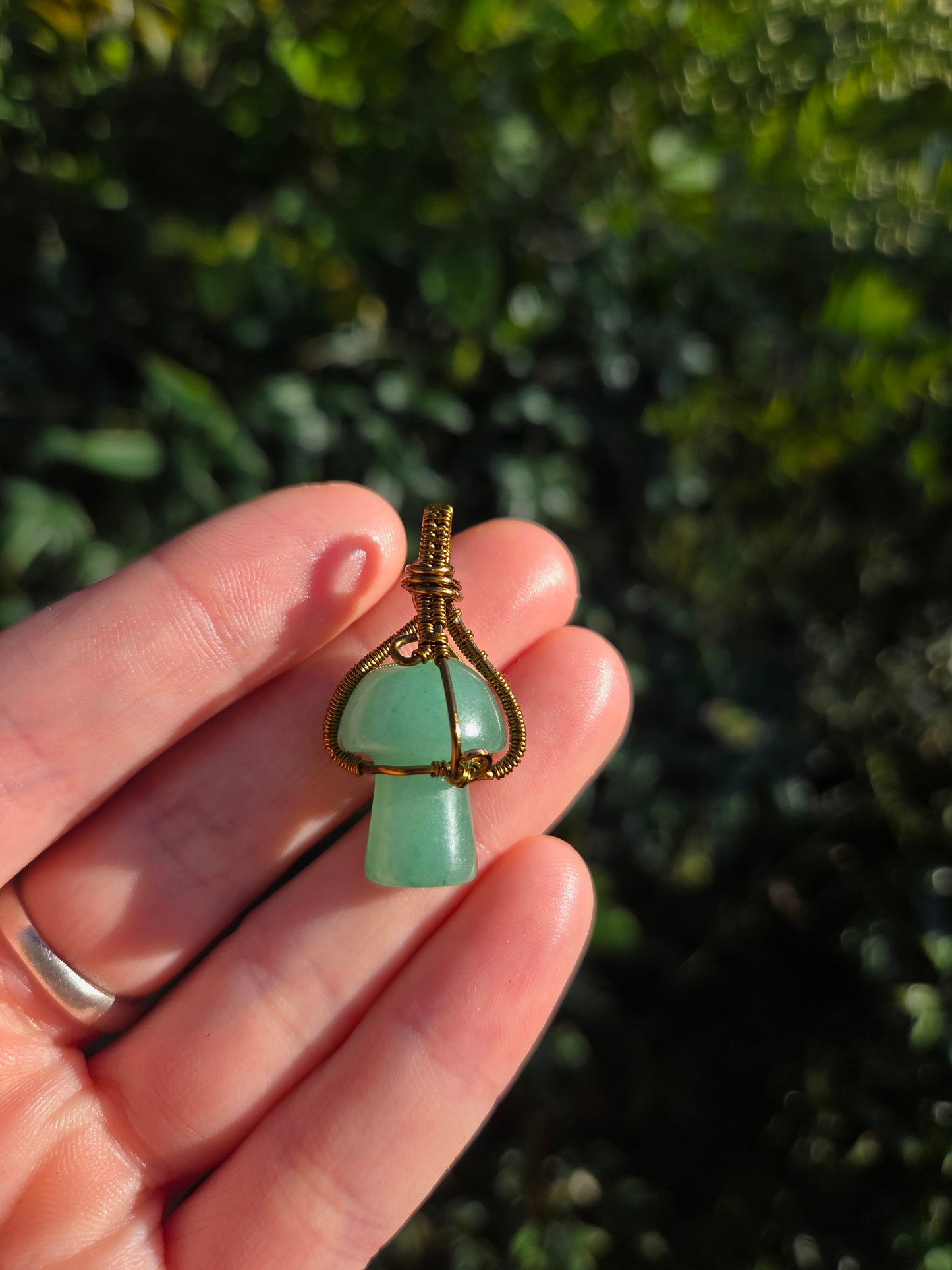 Green Aventurine Mushroom Copper Wire Wrapped Handmade Pendant Bronze