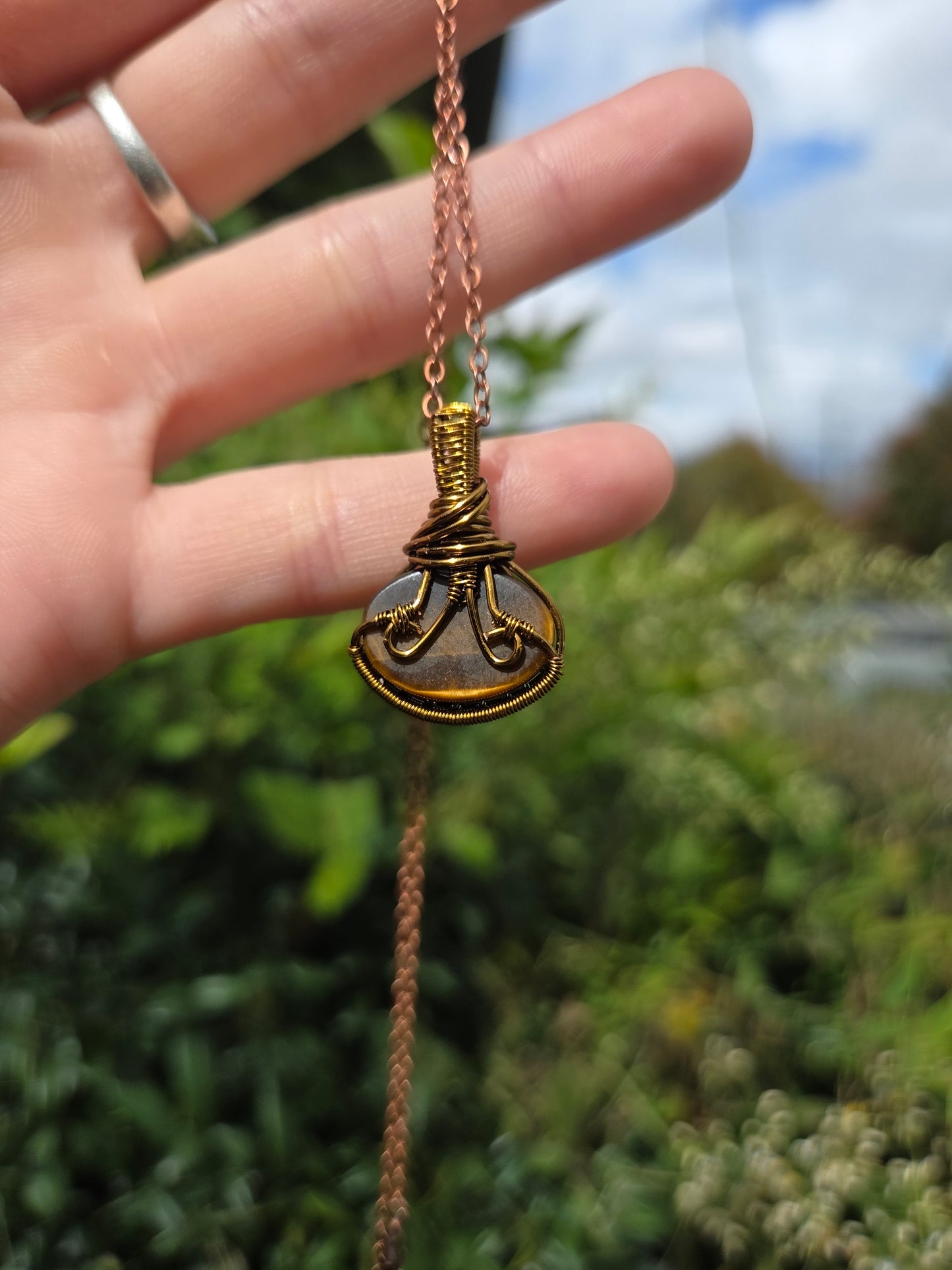 Tigers Eye Bronze Copper Wire Wrapped Pendant Necklace