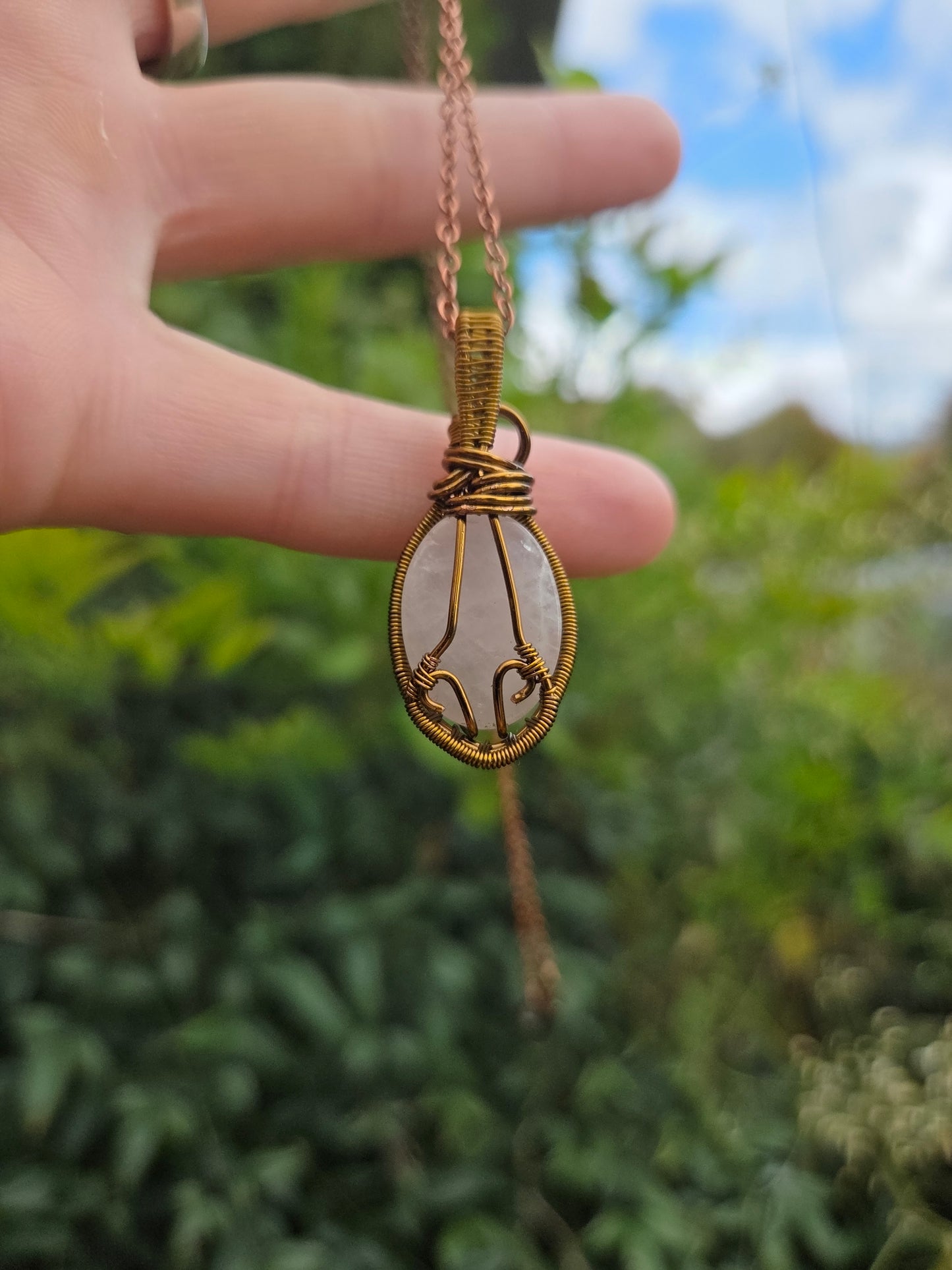 Rose Quartz Bronze Copper Wire Wrapped Pendant Necklace