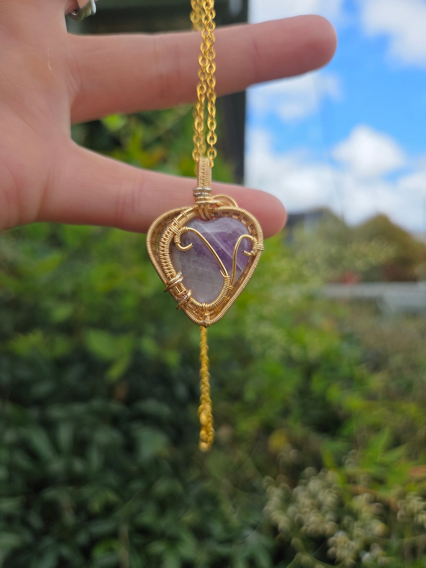 Amethyst Heart Gold Copper Wire Wrap Pendant Necklace