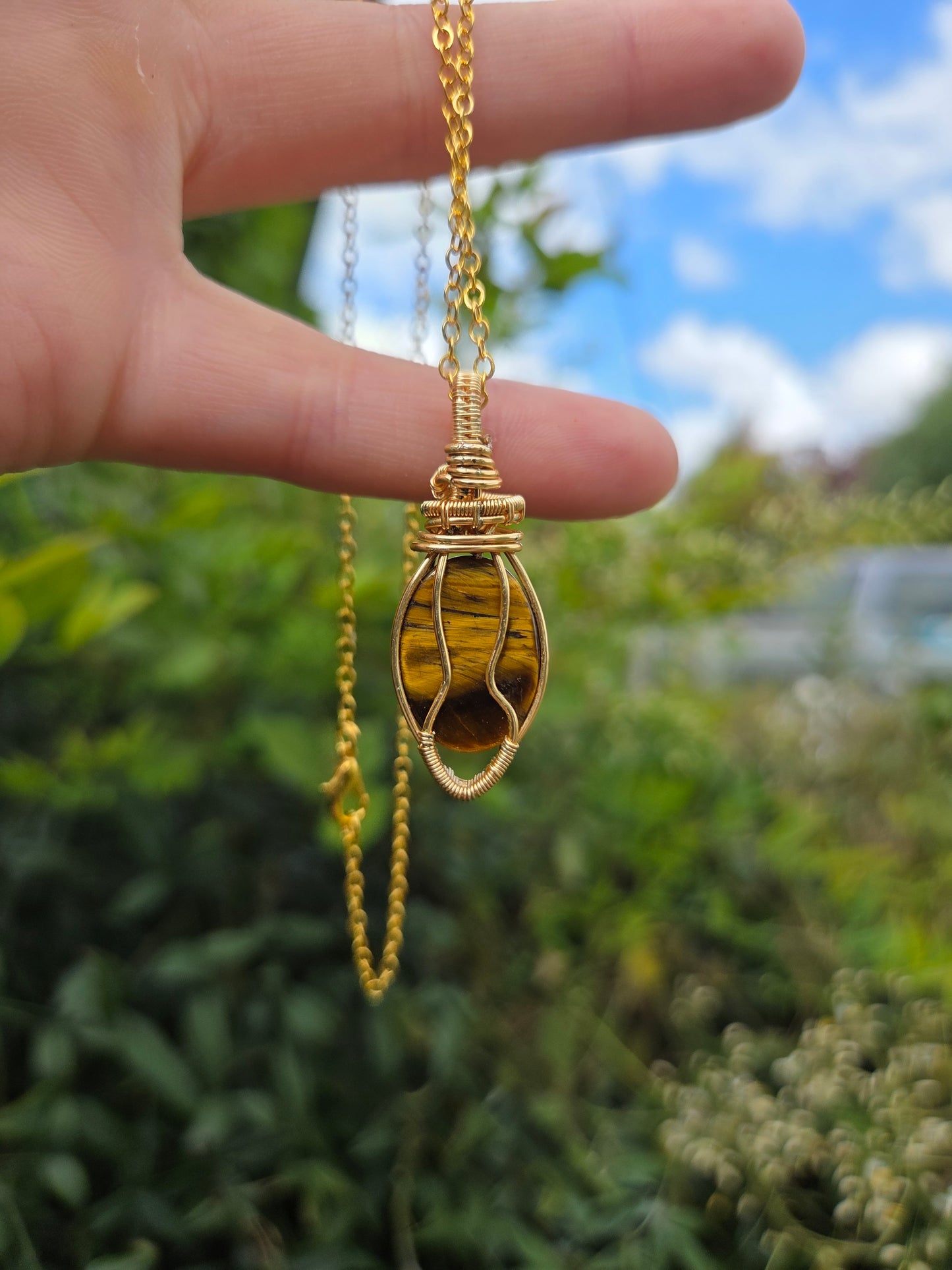 Tigers Eye Gold Copper Wire Wrap Pendant Necklace