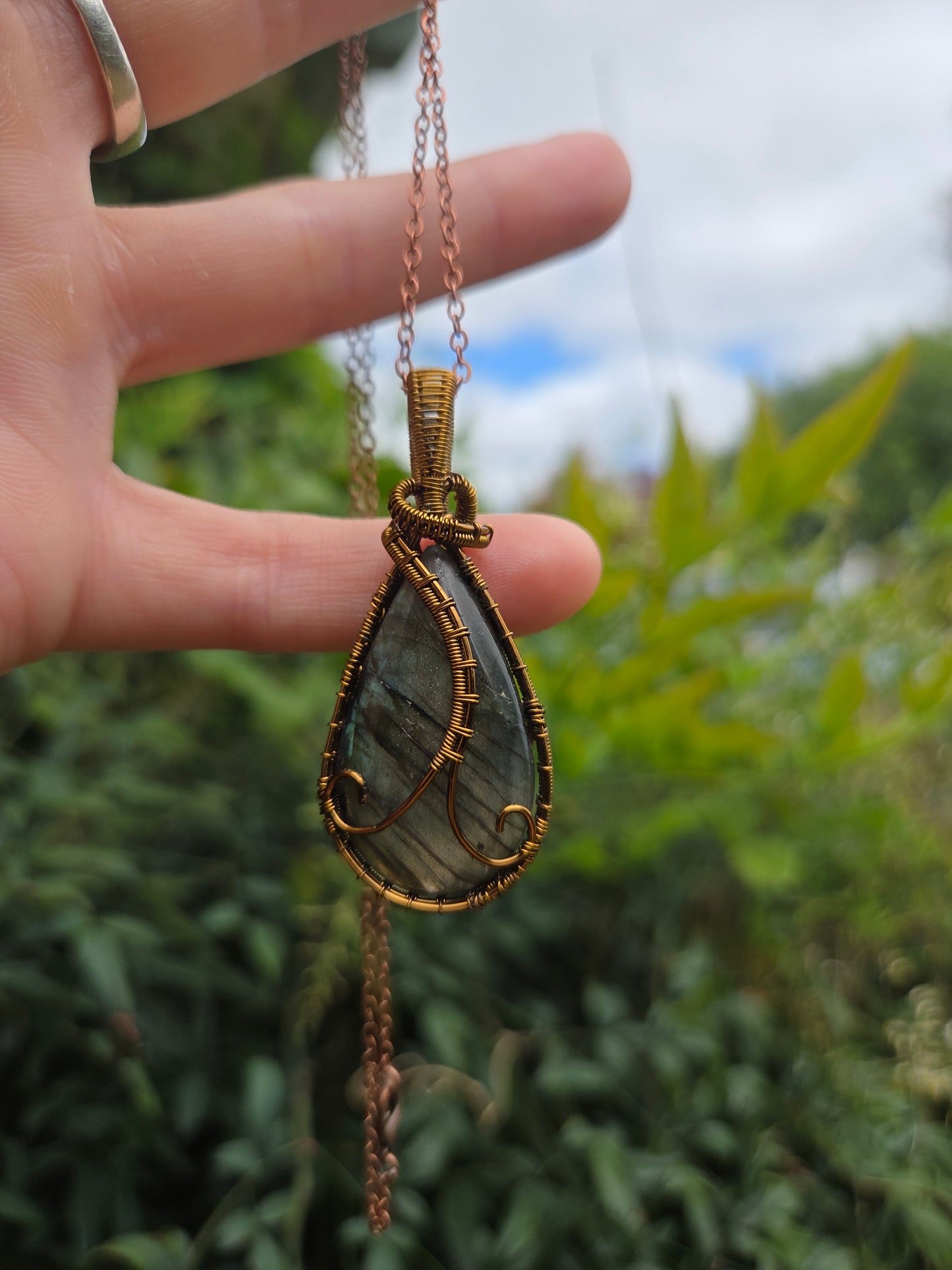 Labradorite Copper Wire Wrapped Pendant Necklace Bronze