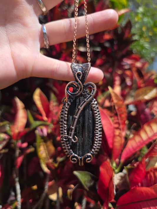 Black Tourmaline Copper Wire Wrapped Pendant Necklace