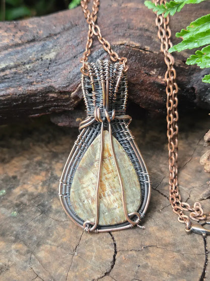 Aragonite Copper Wire Wrapped Pendant Necklace
