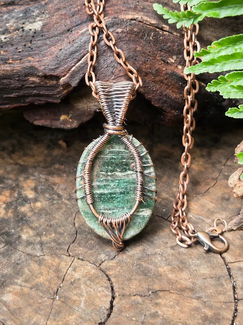 Prehnite Copper Wire Wrapped Pendant Necklace