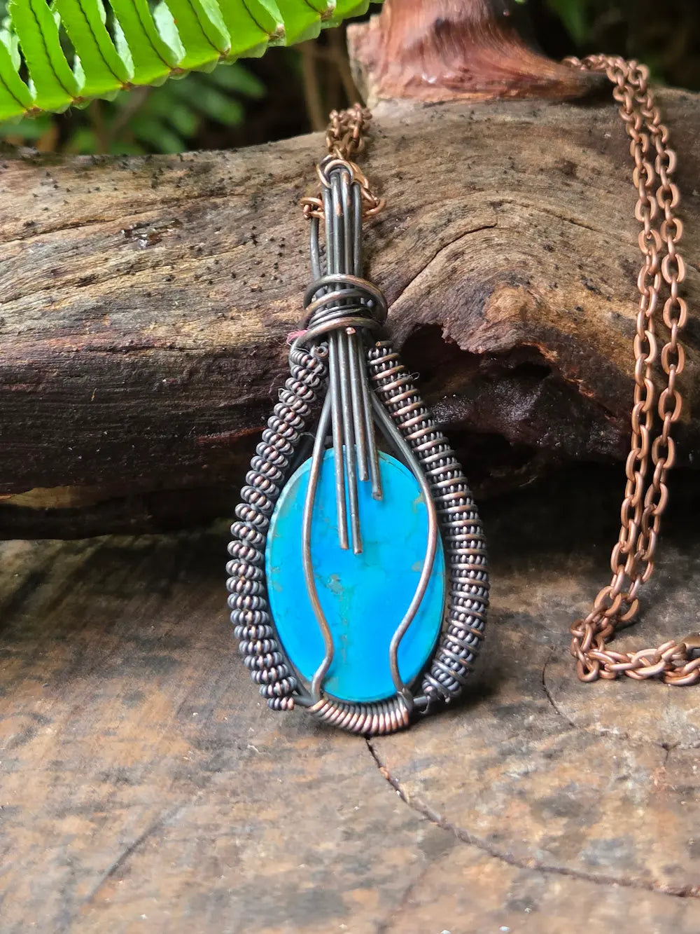 Turquoise Copper Wire Wrapped Pendant Necklace