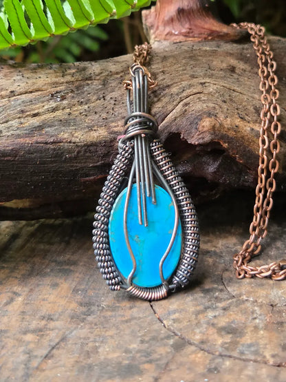 Turquoise Copper Wire Wrapped Pendant Necklace