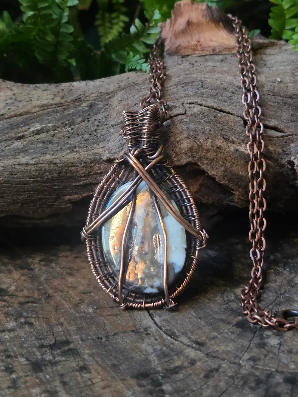 Dendritic Opal Copper Wire Wrapped Pendant Necklace