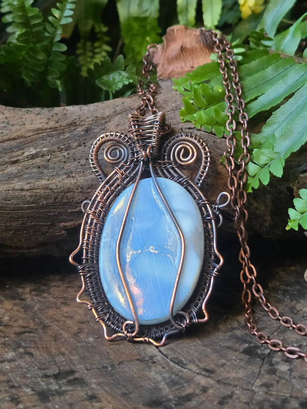 Blue Opal Copper Wire Wrapped Pendant Necklace