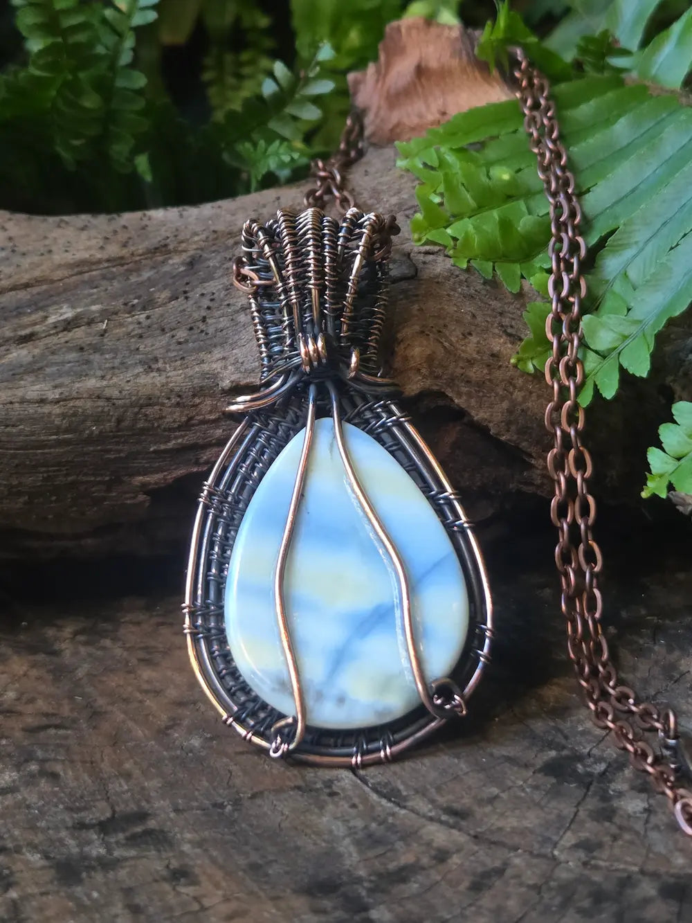 Blue Opal Copper Wire Wrapped Handmade Pendant Necklace