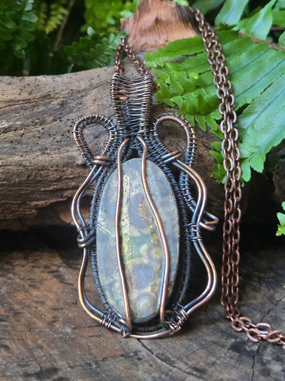 Rainforest Jasper Copper Wire Wrapped Pendant Necklace