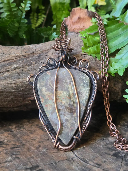 Rainforest Jasper Copper Wire Wrapped Handmade Pendant Necklace