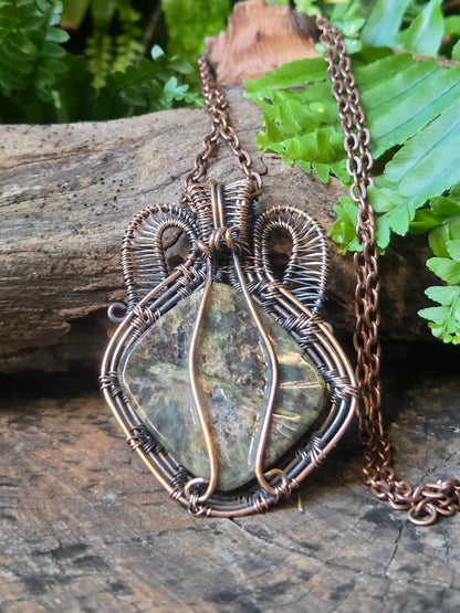 Rainforest Jasper Copper Wire Wrapped Pendant Necklace