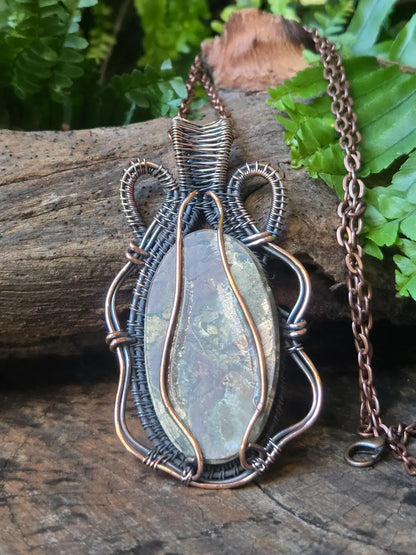 Rainforest Jasper Copper Wire Wrapped Handmade Pendant Necklace