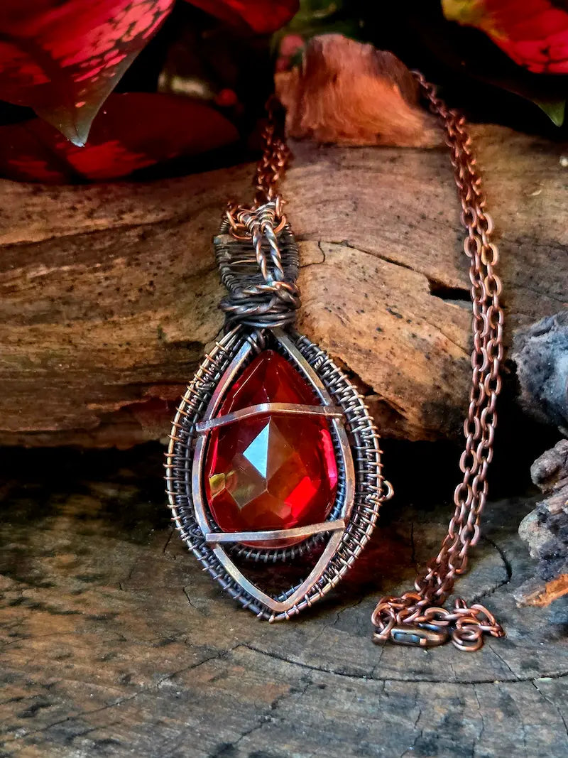Faceted Garnet Copper Wire Wrapped Pendant Necklace