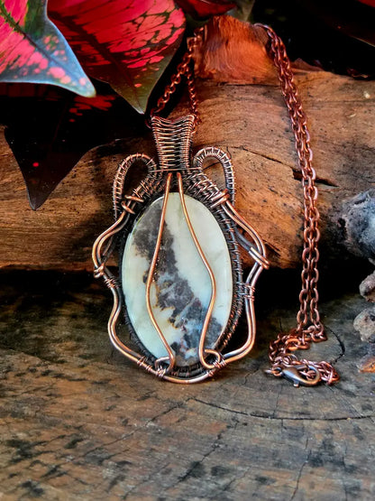 Dendritic Opal Copper Wire Wrapped Handmade Pendant Necklace