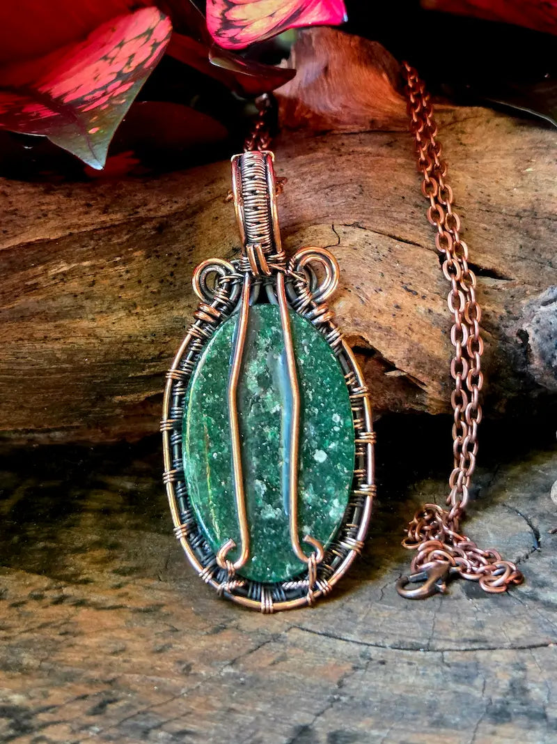 Fuchsite Copper Wire Wrapped Pendant Necklace
