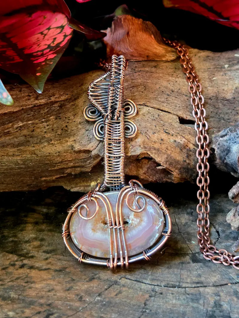 Druzy Agate Copper Wire Wrapped Pendant Necklace