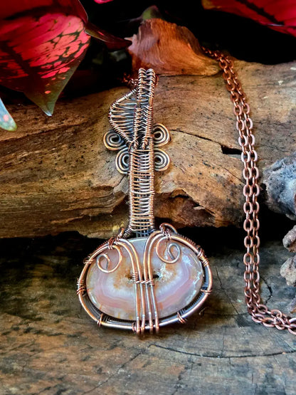 Druzy Agate Copper Wire Wrapped Pendant Necklace