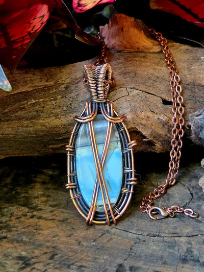 Blue Opal Copper Wire Wrapped Pendant Necklace
