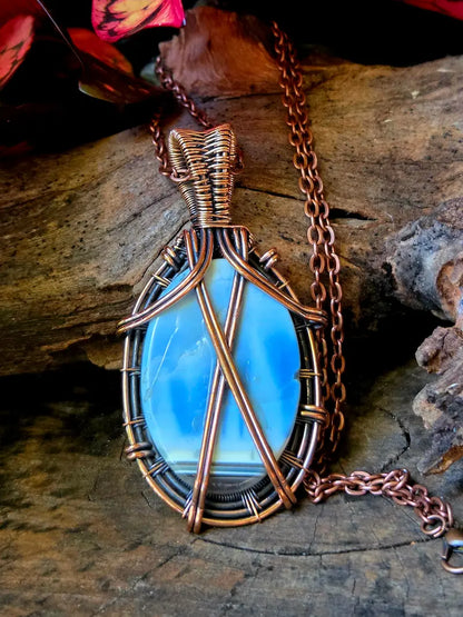 Blue Opal Copper Wire Wrapped Pendant Necklace