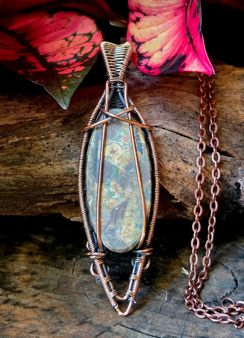 Rainforest Jasper Copper Wire Wrapped Pendant Necklace