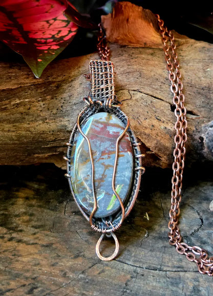 Montana Agate Copper Wire Wrapped Pendant Necklace