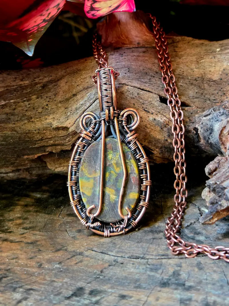 Fruit Jasper Copper Wire Wrapped Pendant Necklace