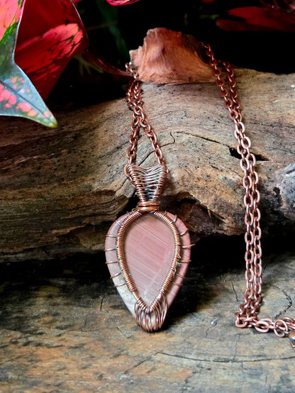 Pink Jasper Copper Wire Wrapped Pendant Necklace