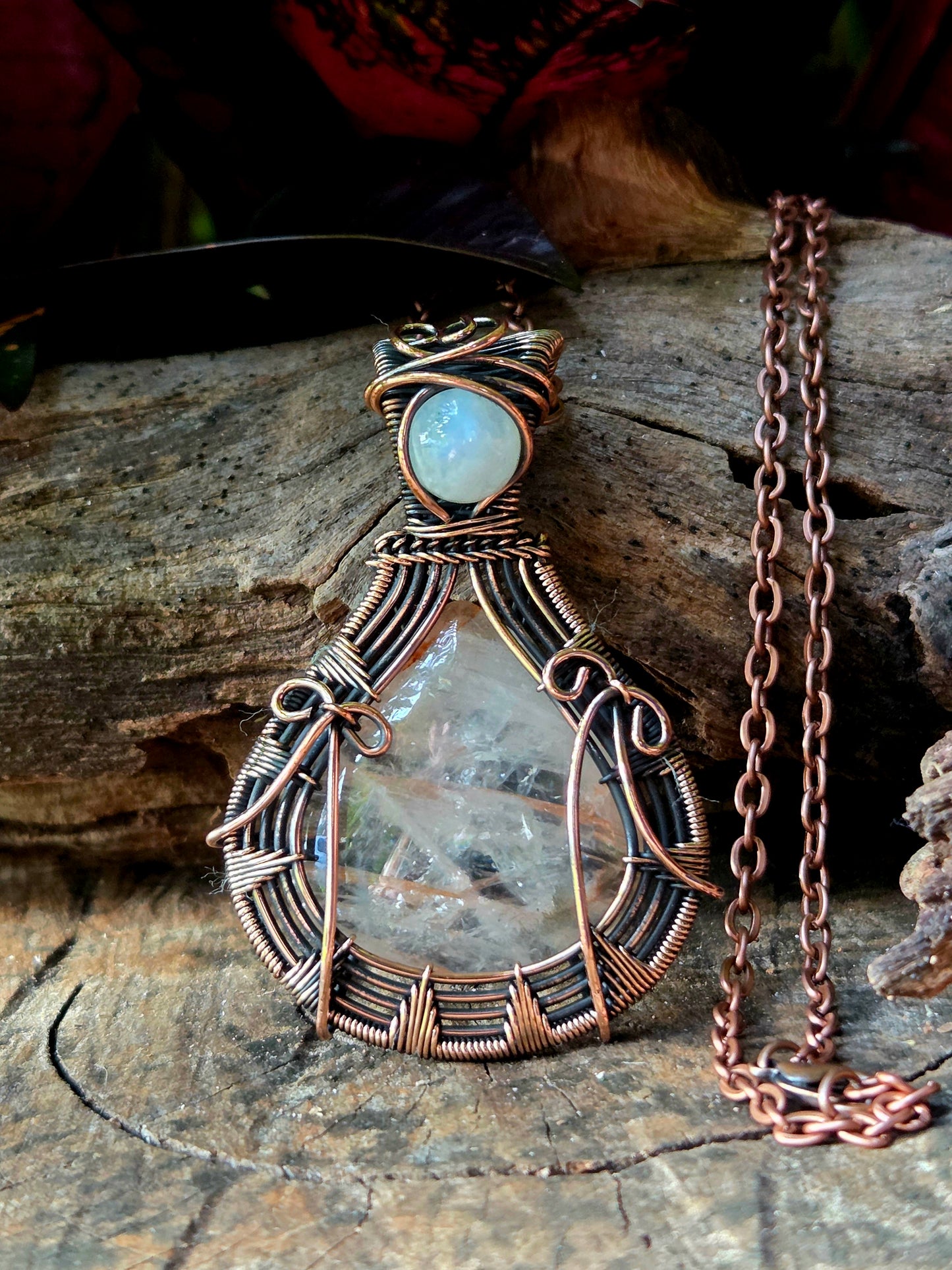 Clear Quartz & Moonstone Copper Wire Wrapped Pendant Necklace