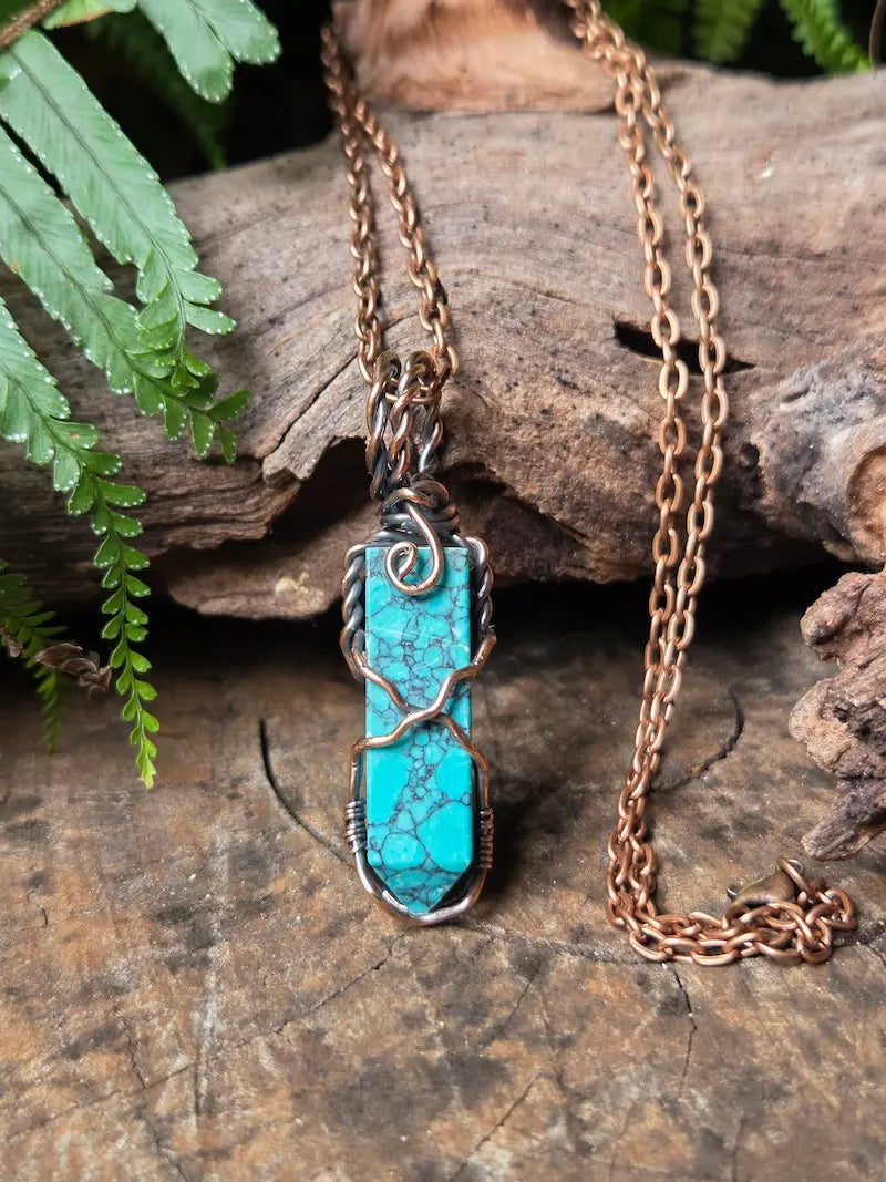 Handmade Turquoise Copper Wire Wrapped Pendant Necklace