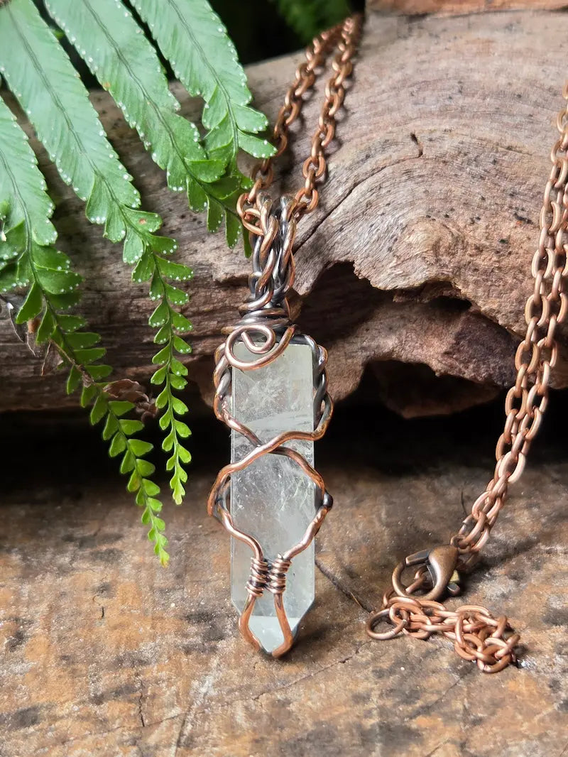 Handmade Clear Quartz Copper Wire Wrapped Pendant Necklace