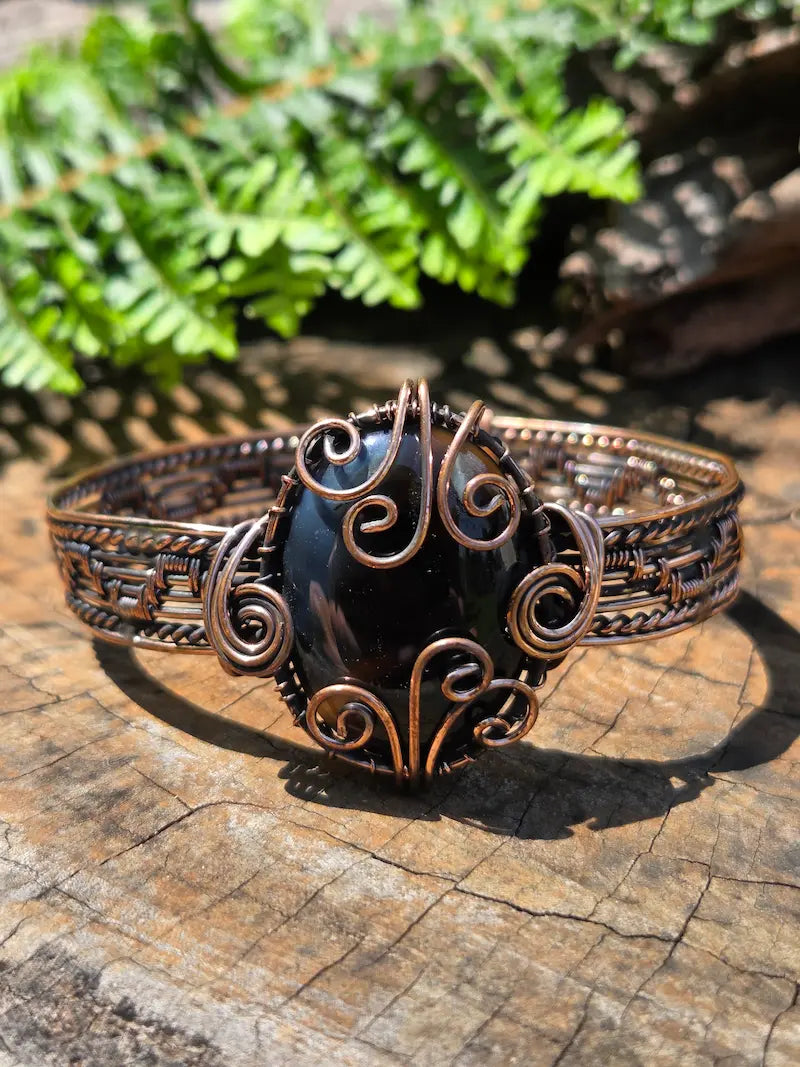 Black Agate Copper Wire Wrapped Bracelet
