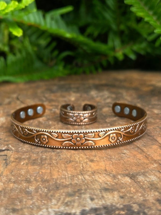 2pcs Magnetic Copper Cuff Bracelet & Ring Set - Floral - Jewellery Australia