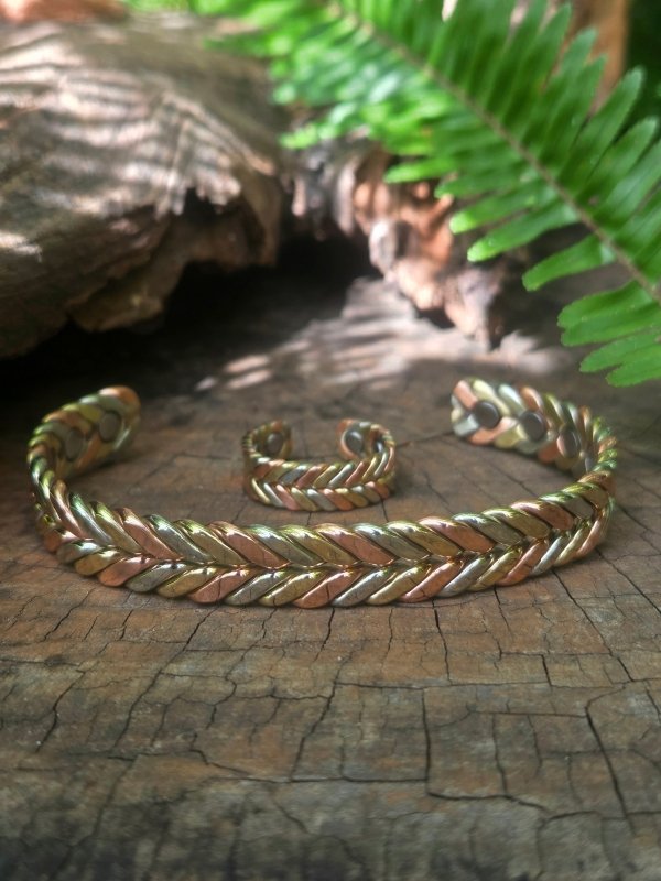 2pcs Magnetic Pure Copper Bracelet & Ring Set - Braided Tricolour - Jewellery Australia