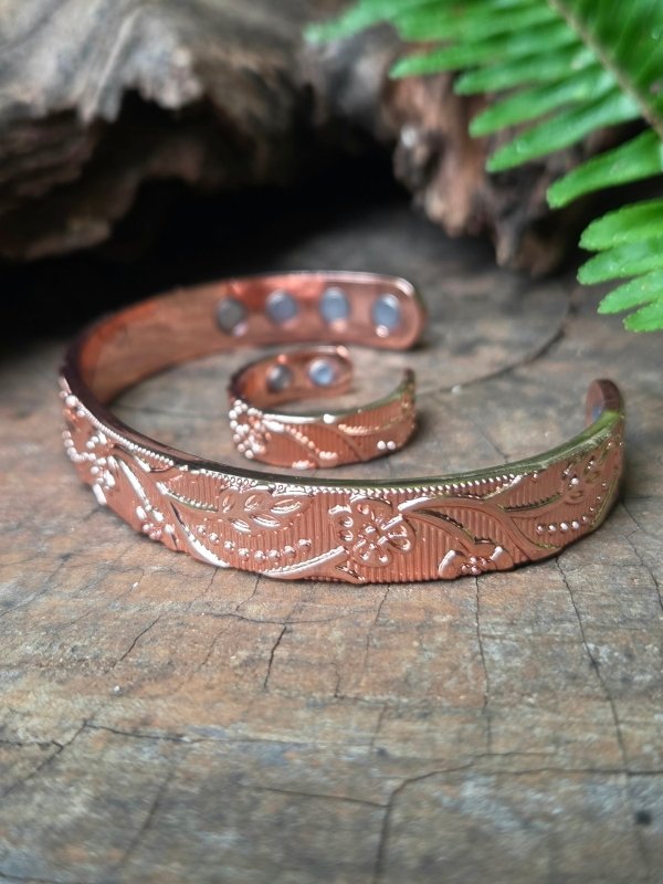 2pcs Magnetic Pure Copper Bracelet & Ring Set - Floral - Jewellery Australia