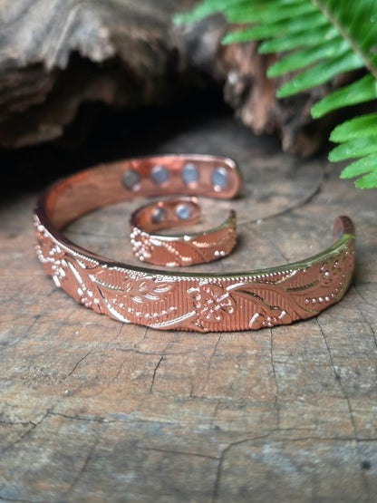 2pcs Magnetic Pure Copper Bracelet & Ring Set - Floral - Jewellery Australia