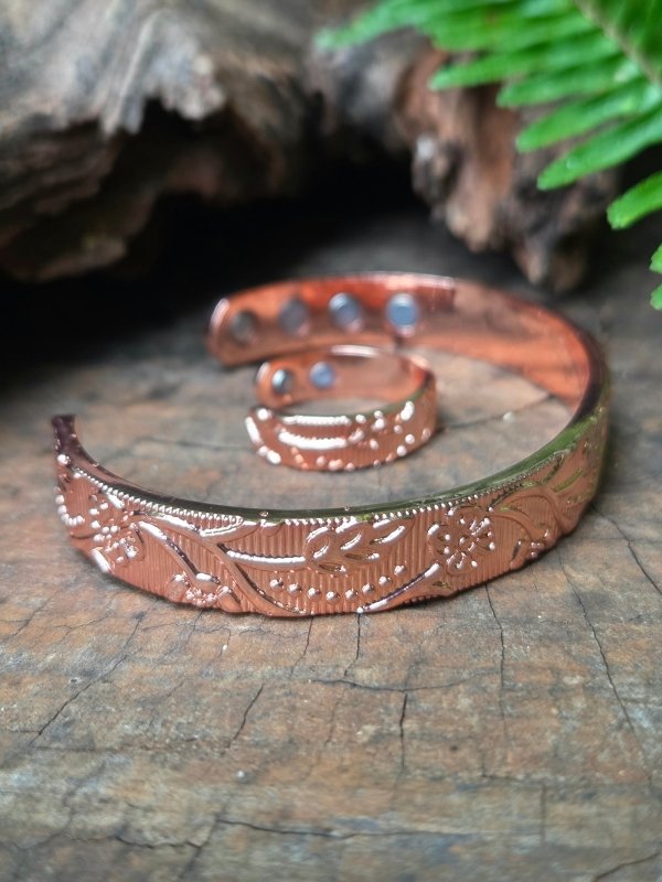 2pcs Magnetic Pure Copper Bracelet & Ring Set - Floral - Jewellery Australia