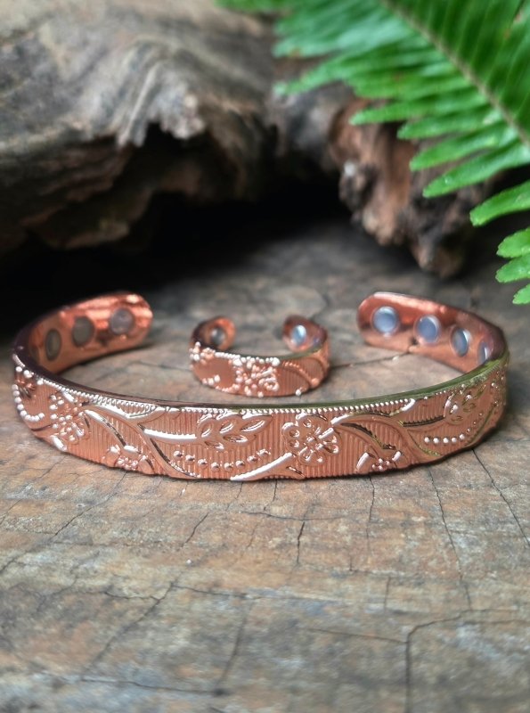 2pcs Magnetic Pure Copper Bracelet & Ring Set - Floral - Jewellery Australia