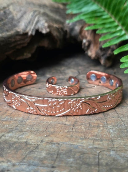 2pcs Magnetic Pure Copper Bracelet & Ring Set - Floral - Jewellery Australia