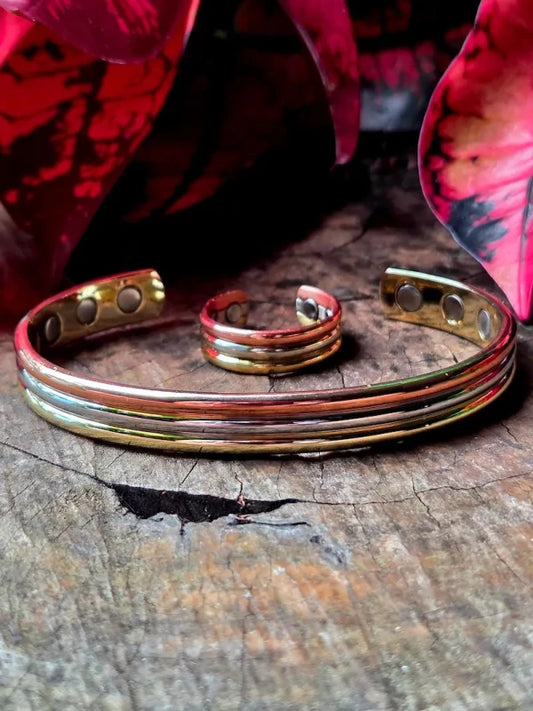 2pcs Magnetic Pure Copper Bracelet & Ring Set - Tricolour - Jewellery Australia