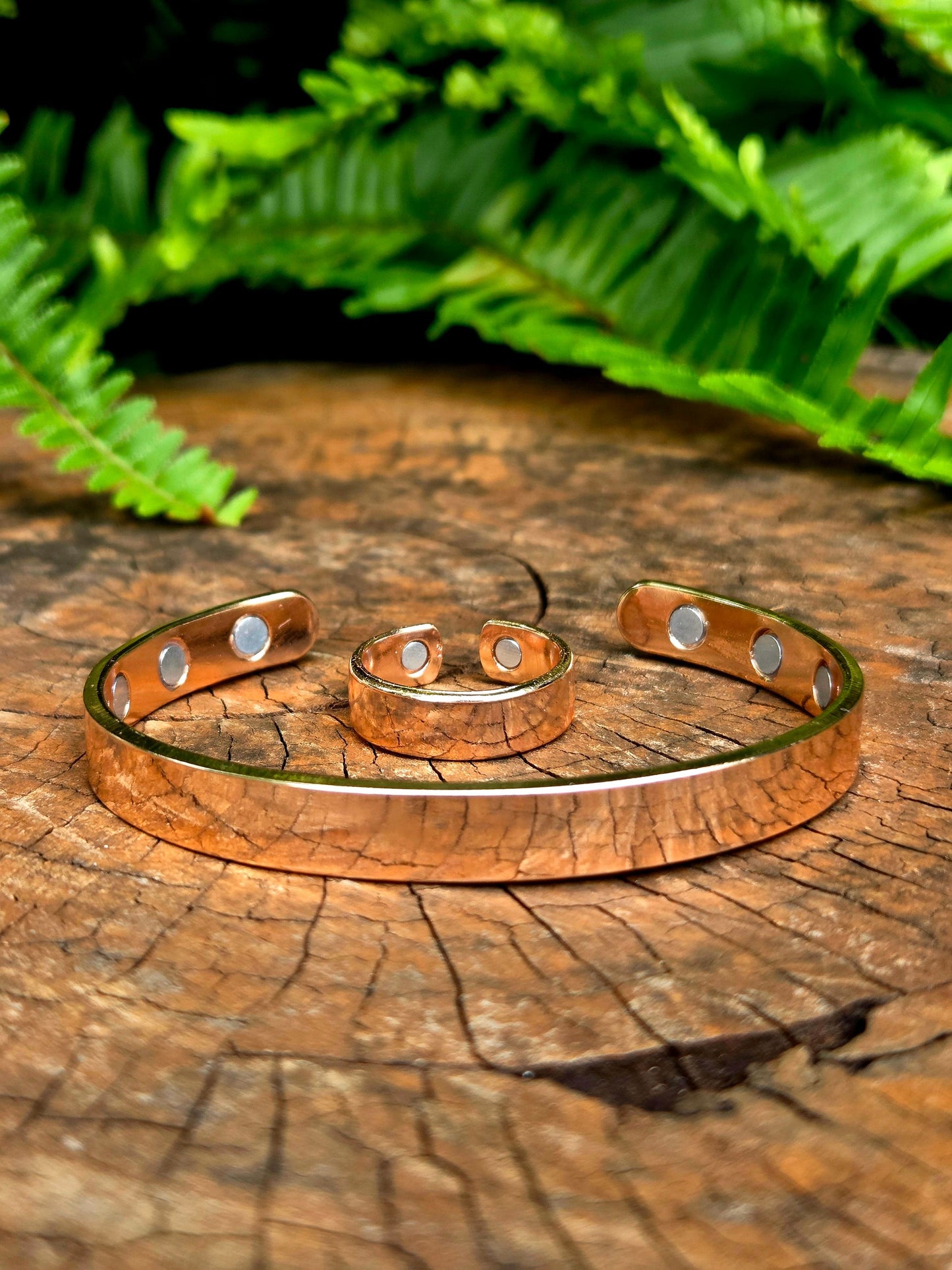 Jewellery 2pcs Magnetic Pure Copper Cuff Bracelet and Ring Set - Plain